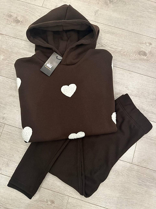 Женский теплый прогулочный костюм двойка с сердечками трехнить на флисе + ангора рубчик. Шоколад, 50/52 Одесса - изображение 3