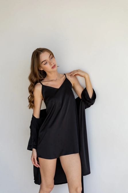 Шелковая ночнушка с халатом Черный 42/44 Харьков - изображение 2