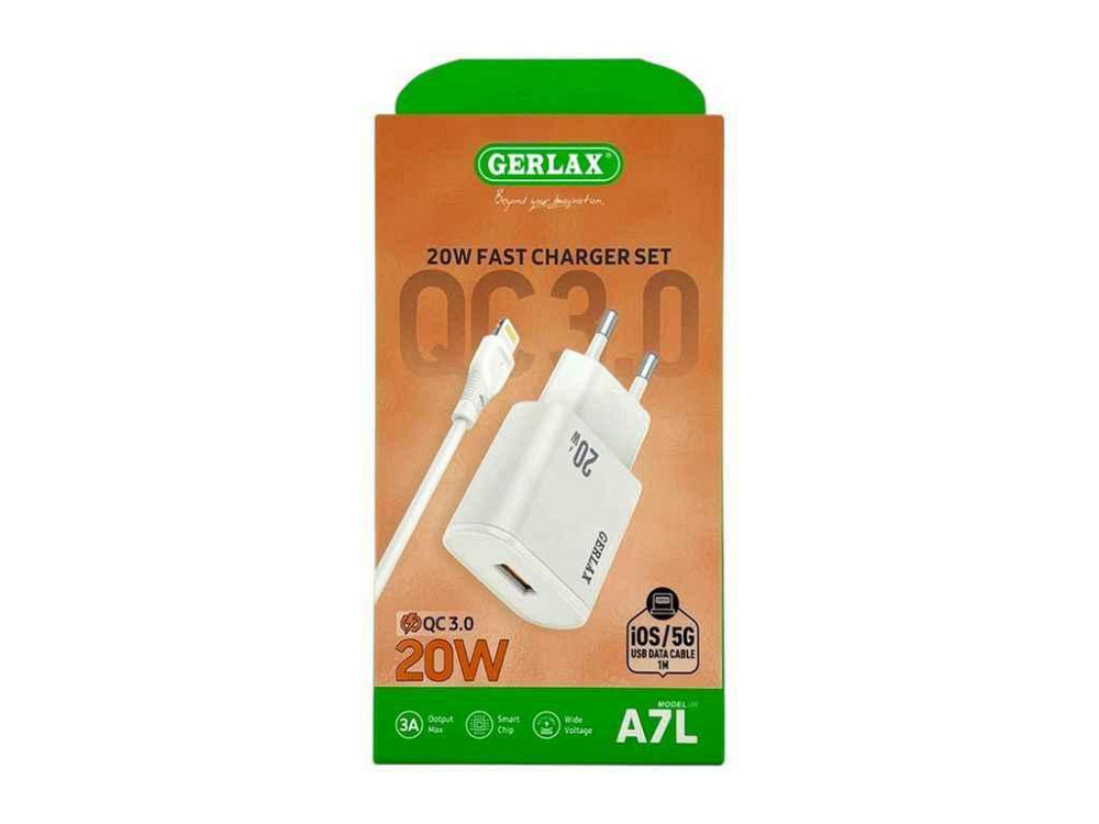 Сетевое зарядное устройство iPhone Lightning A3L 3A-1USB 20w QC3.0 белый 1м ТМ GERLAX Киев - изображение 1