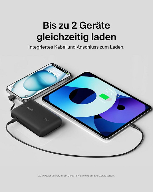 Пауэрбанк Belkin BoostCharge 10000 mAh черный PD 20W с встроенным USB‑C кабелем 2 порта LED портативный Киев - изображение 3