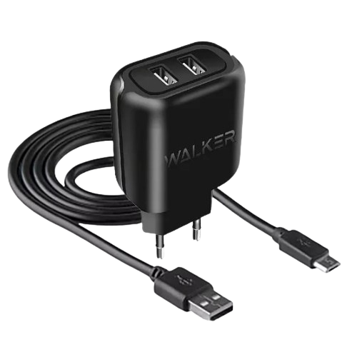 Зарядний пристрій мережевий 2USB + кабель MicroUSB 2,0A чорний WALKER WH-27 Житомир