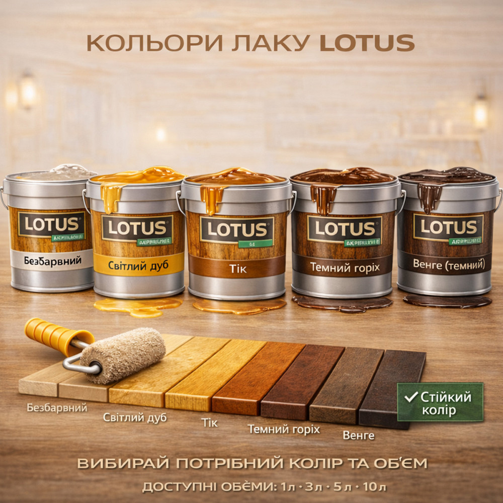 Лак для дерева кольоровий LOTUS Дуб темний, глянцевий, без запаху, зносостійкий, для внутрішніх та зовнішніх робіт, 10 л Харків - фото 9