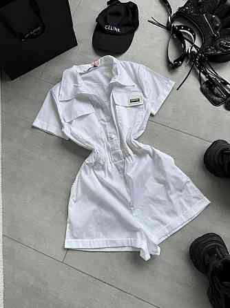 Женский летний базовый комбинезон с воротником коттон поплин Белый, M-L Одесса