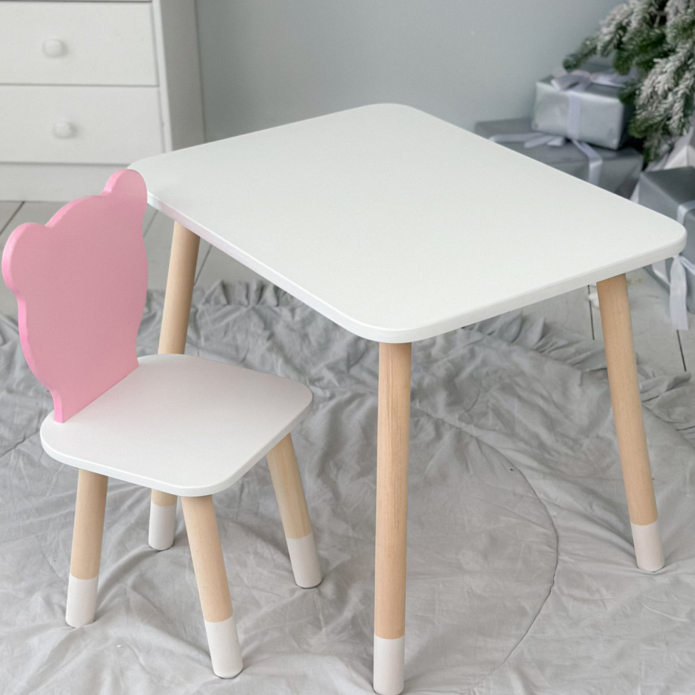 Стіл прямокутний 46х60х45 і стілець медвежа 26х26х24, столик та стільчик в дитячу, білий з рожевим Київ - фото 9
