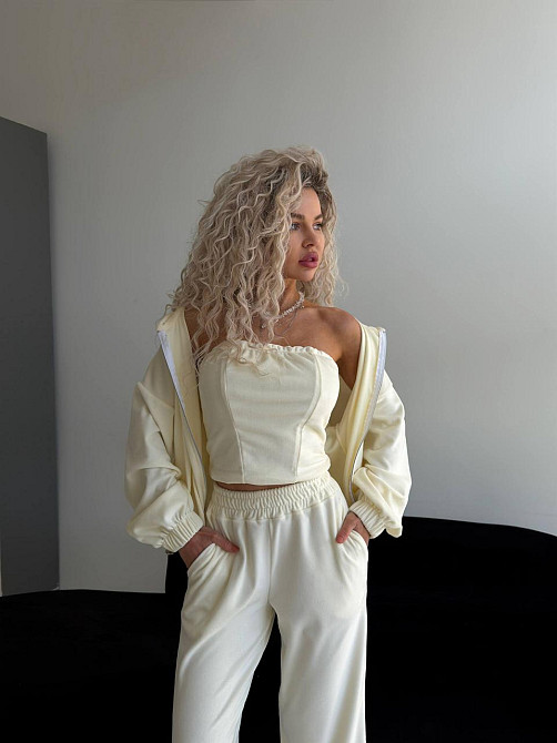 Женский велюровый костюм тройка: кофта корсет и штаны Молочный, 42/46 Одесса - изображение 7