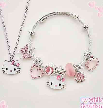 Набір прикрас для дівчинки: браслет і намисто з підвісками котик, серце, метелик (2 шт) Київ