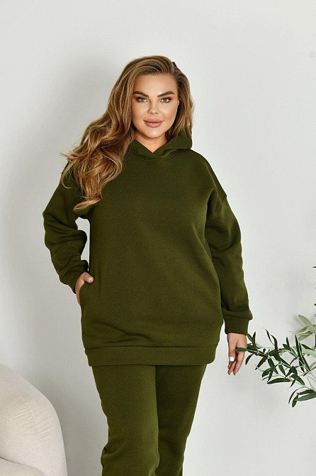 Женский прогулочный костюм: худи и штаны батал в спортивном стиле трехнитка на флисе Хаки, 56/58 Одесса - изображение 4