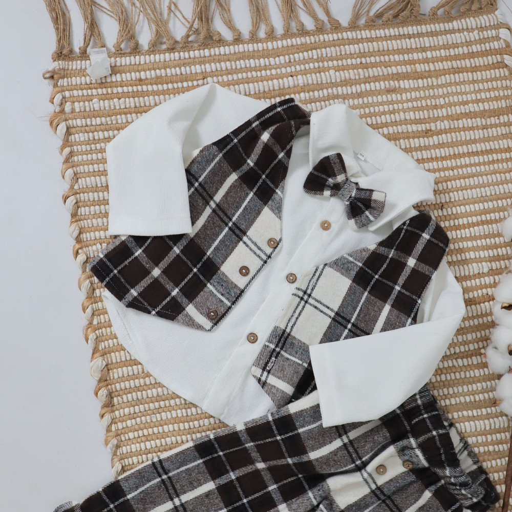 Святковий костюм для хлопчика теплий у коричневу карту (сорочка + жилетка + штани +метелик) 86 Кам'янець-Подільський - фото 4