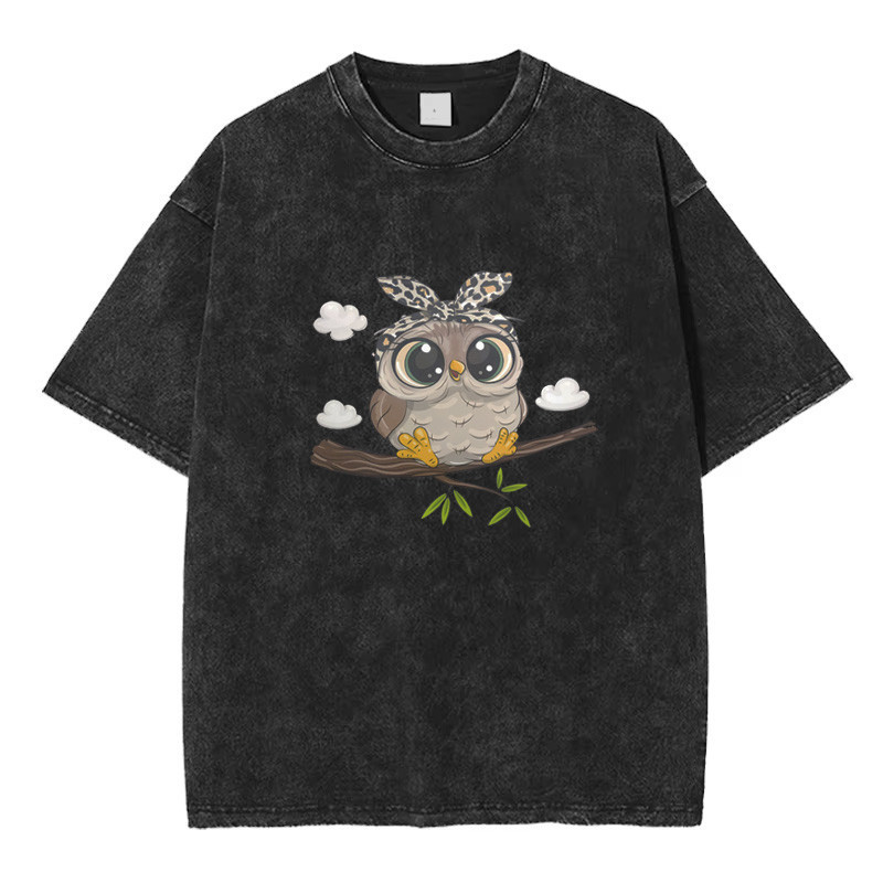 Футболка оверсайз у вініжному стилі з принтом Сова Чорний Харків - фото 1