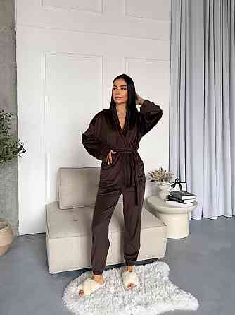 Женский стильный домашний велюровый комплект тройка Шоколад Одесса