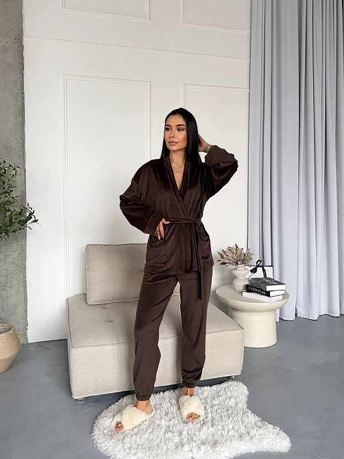 Женский стильный домашний велюровый комплект тройка Шоколад Одесса - изображение 5