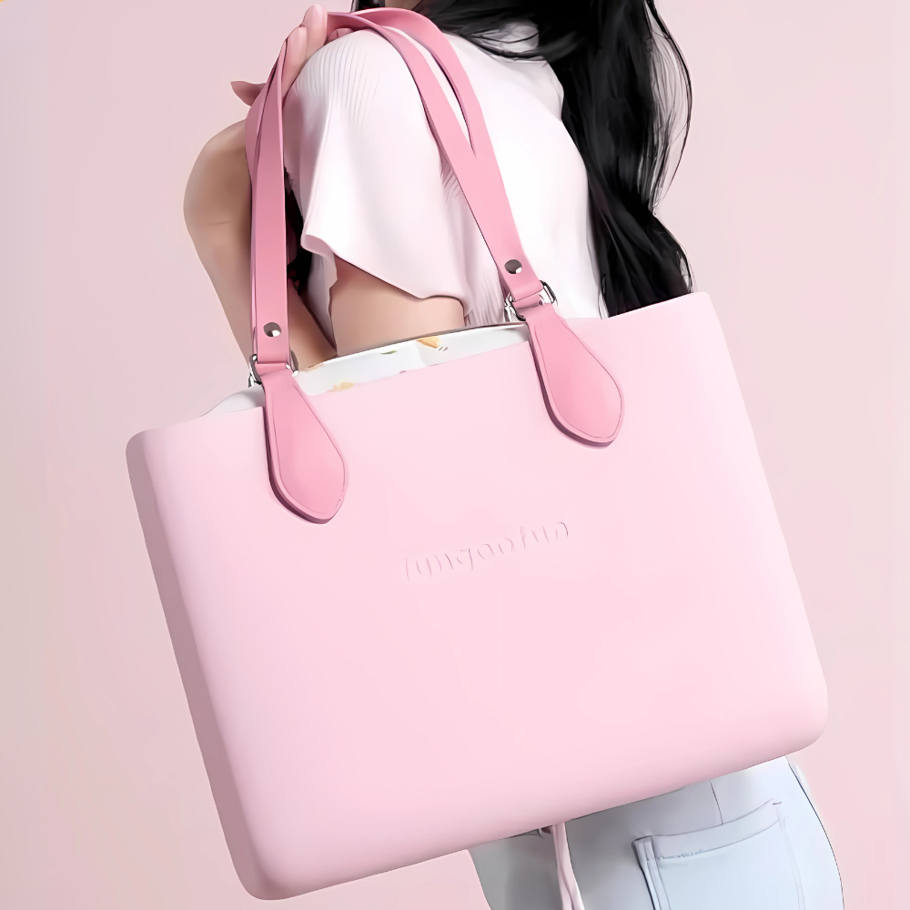 Жіноча сумочка шопер силіконова на плече з двома комплектами ручок з підкладкою на блискавці Fungoofun, рожева Кам'янець-Подільський - фото 1