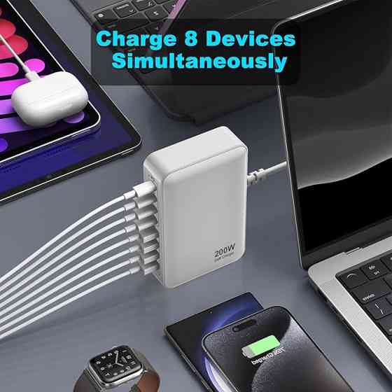 Зарядний пристрій GaN 200W - ZETX200W-E (4×USB-C + 4×USB-A) (товар з вітрини) Луцк