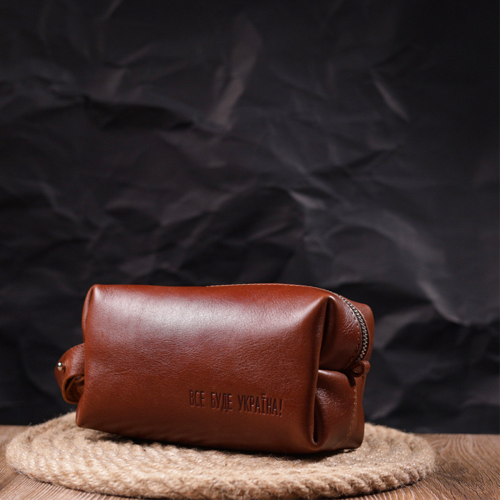 Мужской несессер среднего размера из гладкой кожи на молнии Светло-коричневый (GRANDE PELLE) Киев - изображение 2