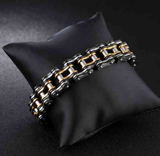 Чоловічий браслет RESTEQ з нержавіючої сталі у вигляді мотоциклетного ланцюга, чорний-золото-сріблястий Київ