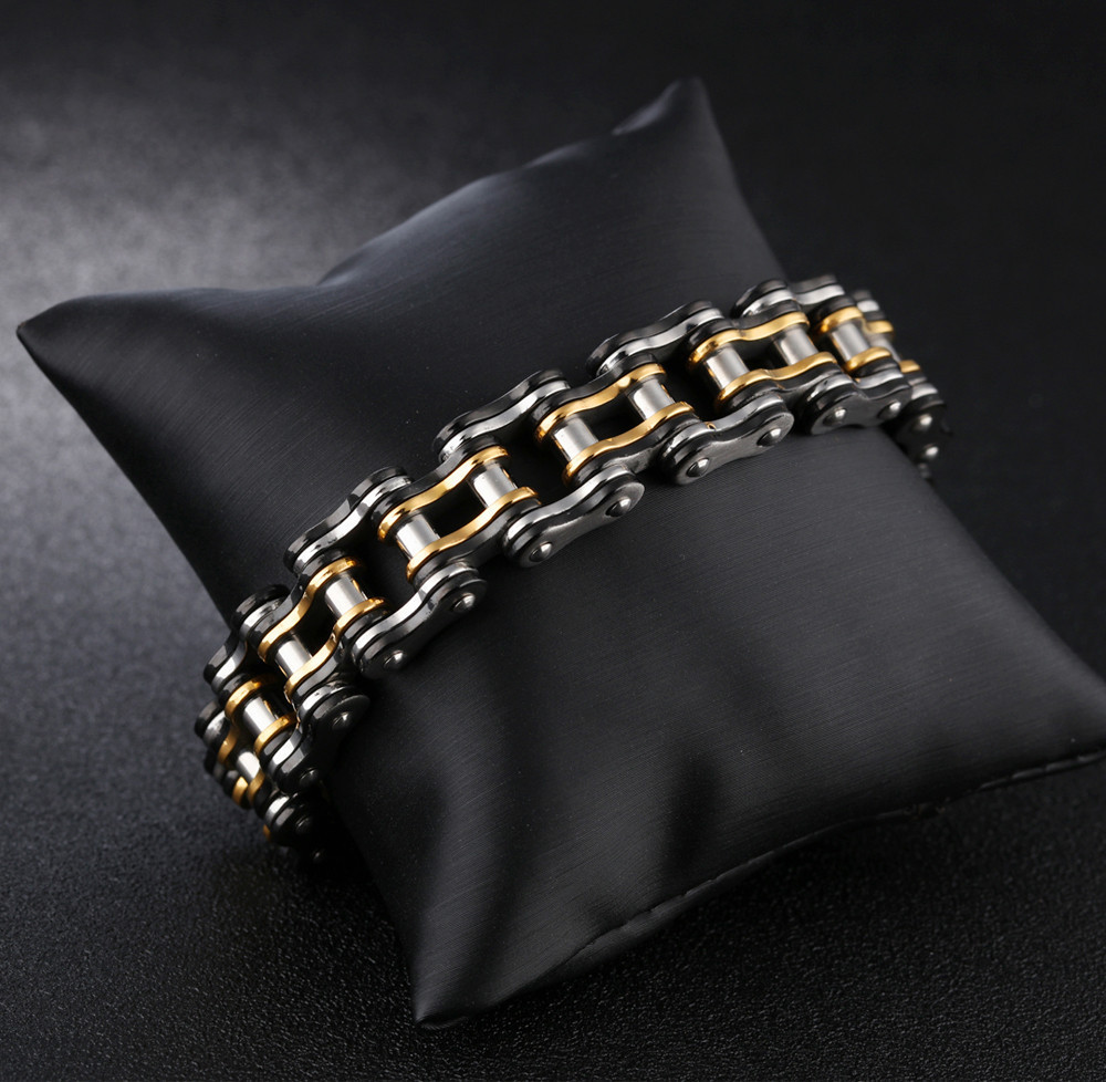 Чоловічий браслет RESTEQ з нержавіючої сталі у вигляді мотоциклетного ланцюга, чорний-золото-сріблястий Київ - фото 2