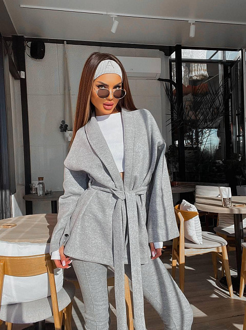 Женский стильный повседневный костюм кимоно + леггинсы турецкая ангора вязка Серый Одесса - изображение 11