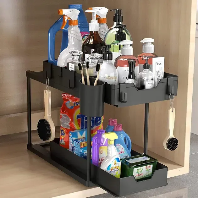 Органайзер двухуровневый с выдвижным ящиком для хранения и крючками Коломия - фото 4