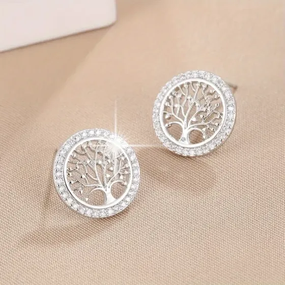 Серьги Древо Жизни с цирконием – элегантные гвоздики в серебристом цвете Киев