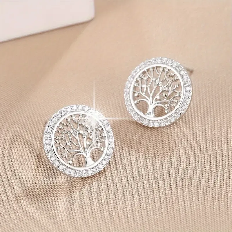 Серьги Древо Жизни с цирконием – элегантные гвоздики в серебристом цвете Киев - изображение 2