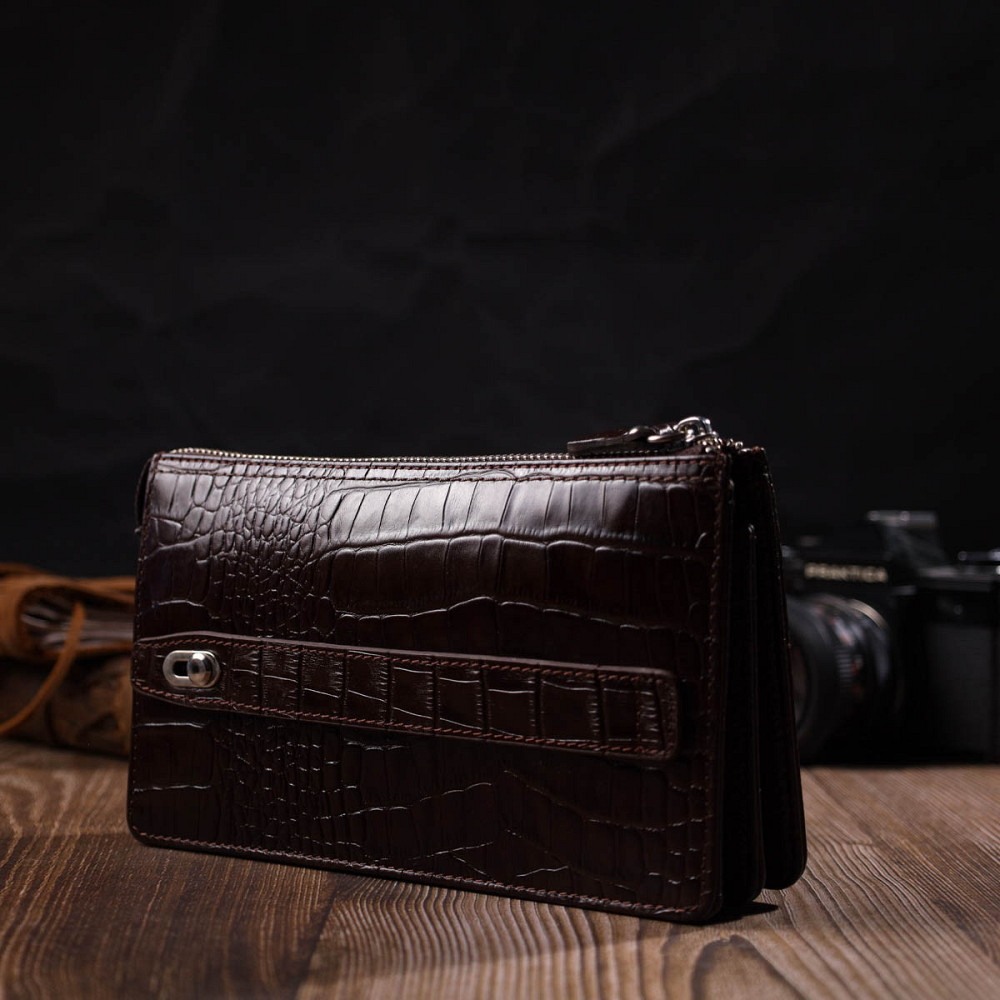 Місткий клатч чоловічий на два відділення з натуральної шкіри з тисненням під крокодила BOND 22046 Коричневий Київ - фото 7