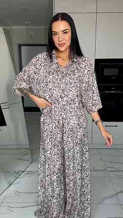 Женский легкий принтованный прогулочный костюм двойка: платок, рубашка и брюки из натурального штапеля Коричневый Одесса