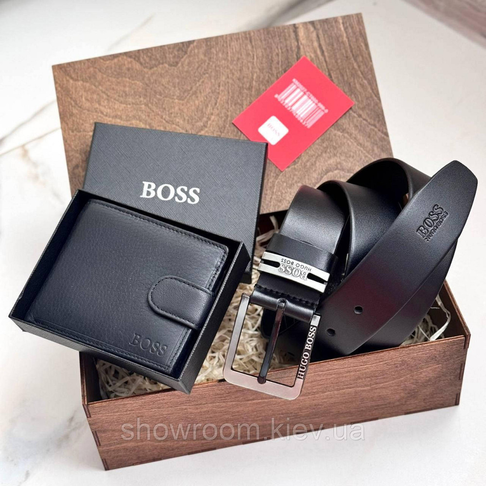 Мужской подарочный набор портмоне и ремень в деревянной коробке Boss (202) Киев - изображение 1