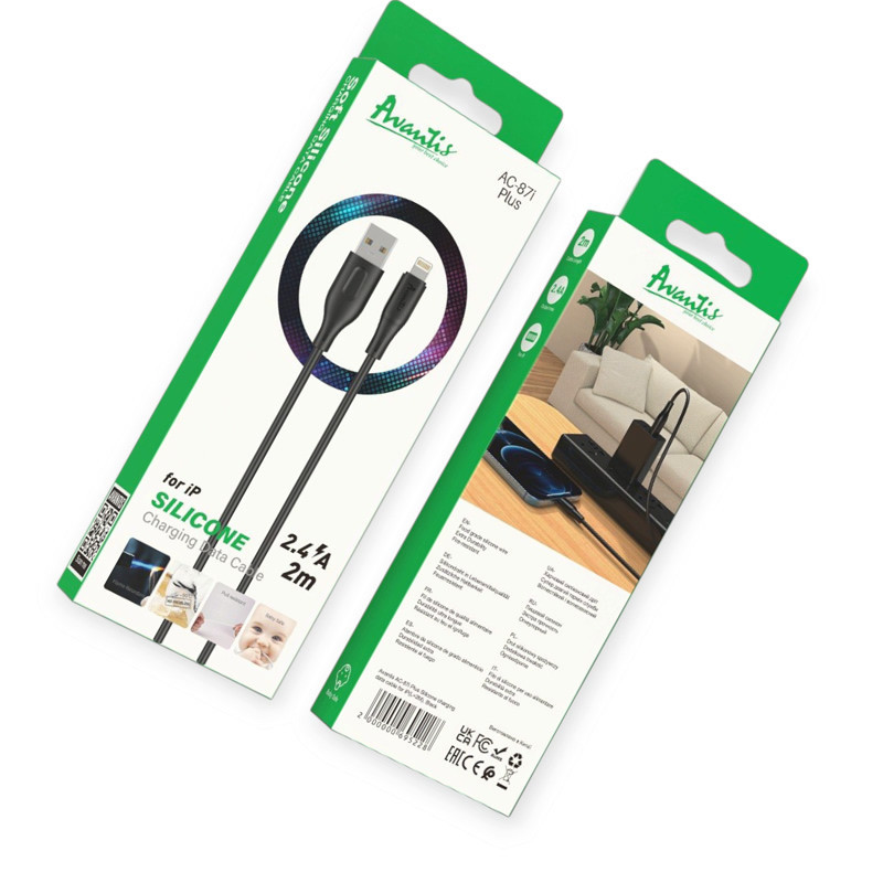 Кабель для зарядки Avantis USB - iPhone, 2м, 2,4А черный, круглый силиконовая оплетка QC Мукачево - изображение 1