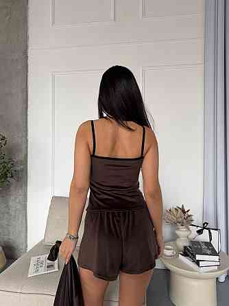 Женский повседневный домашний велюровый комплект тройка: халатик+майка+шорты Шоколад Одесса