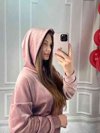 Женский велюровий костюм с капюшоном Пудровый S Харьков