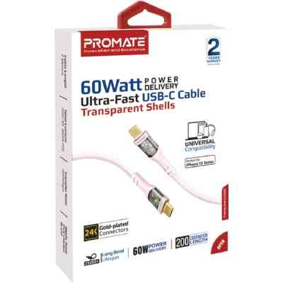 Дата кабель USB-C to USB-C 1.2m 60W PD TransLine-CC pink Promate (transline-cc.pink) Вінниця