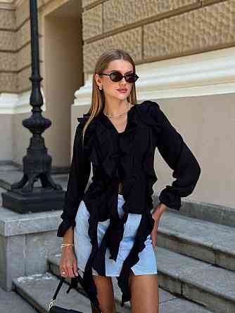 Жіноча стильна блуза "Медуза" з воланами американський креп жатка Чорний, 42/44 Одеса