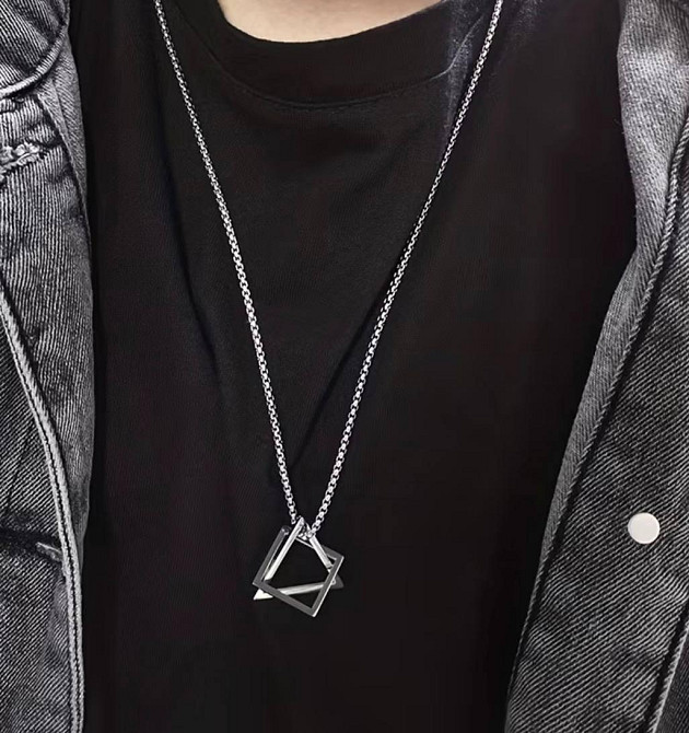 Кулон геометричний квадрат і трикутник чорний сріблястий чоловіче намисто мінімалізм 65 см Київ - фото 4
