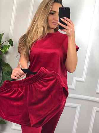 Піжама-комплект (футболка + шорти + штани) з плюшевого велюру вишневий M Харків