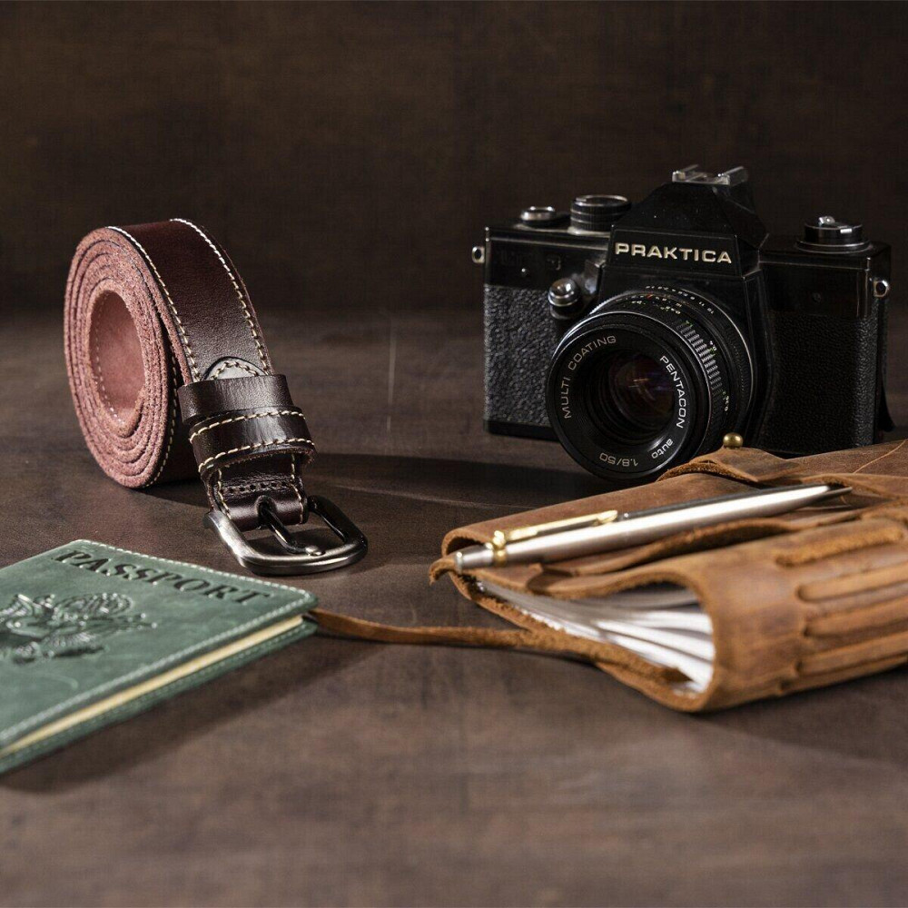 Ремень унисекс со строчкой по краям Vintage 20125 Темно-коричневый Киев - изображение 8