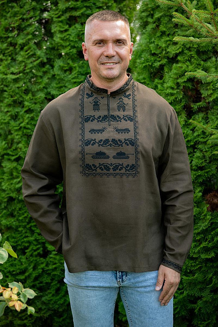 Вышиванка мужская с длинным рукавом хаки льон, рубашка мужская с вышивкой льняная вышиванки и рубашки мужские 46 Киев - изображение 1