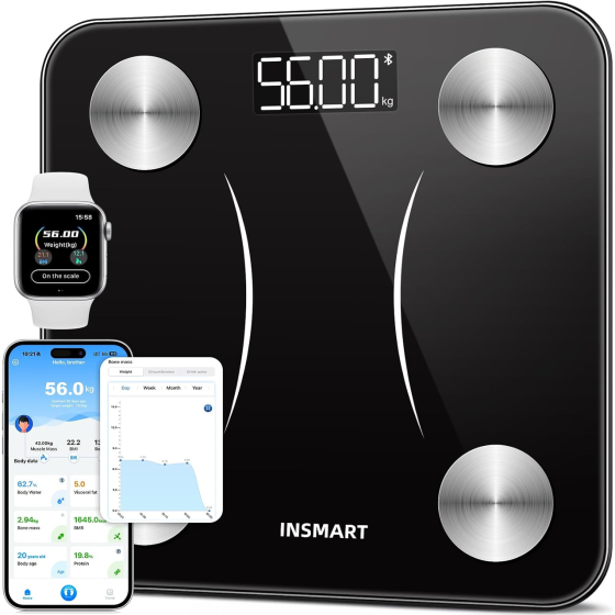 Розумні ваги INSMART Bluetooth 180 кг, аналізатор складу тіла, 13 показників, FITDAYS, чорні Київ
