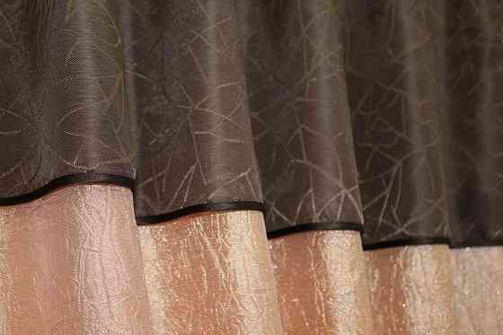 Кухонные шторы VR-Textil № 073к с ламбрекеном и подхватами персиковый с коричневым 260х170 см (52-0089) Киев