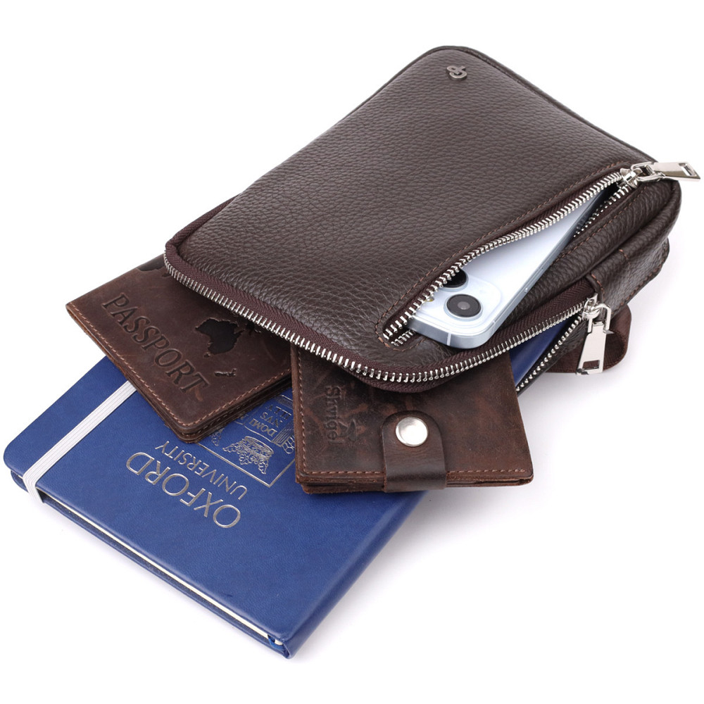 Прямоугольная сумка бананка из зернистой натуральной кожи GRANDE PELLE 22878 Коричневая Киев - изображение 4