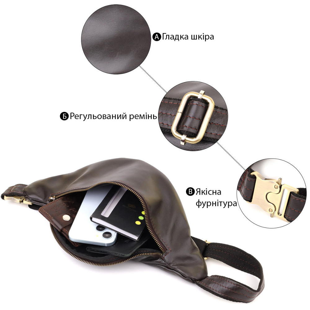 Сумка бананка отменного качества из гладкой натуральной кожи Shvigel 23144 Коричневый Киев - изображение 8