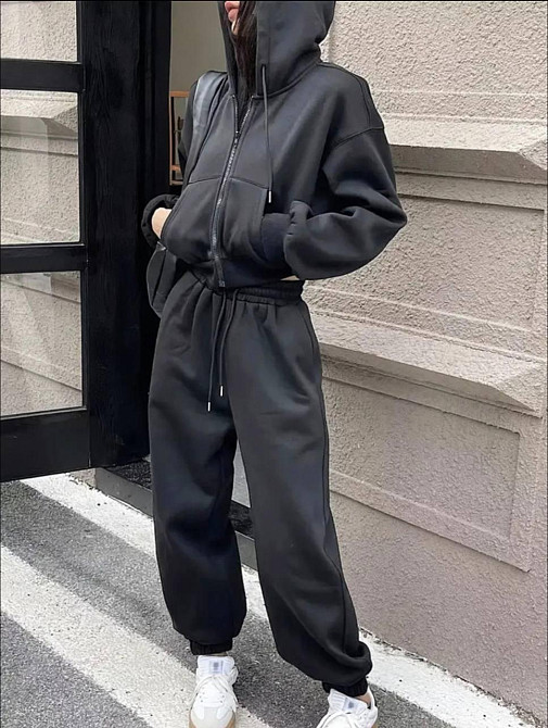 Жіночий теплий базовий костюм-двійка: соп худі+джогера тринитка на флісі Графіт Одеса - фото 1