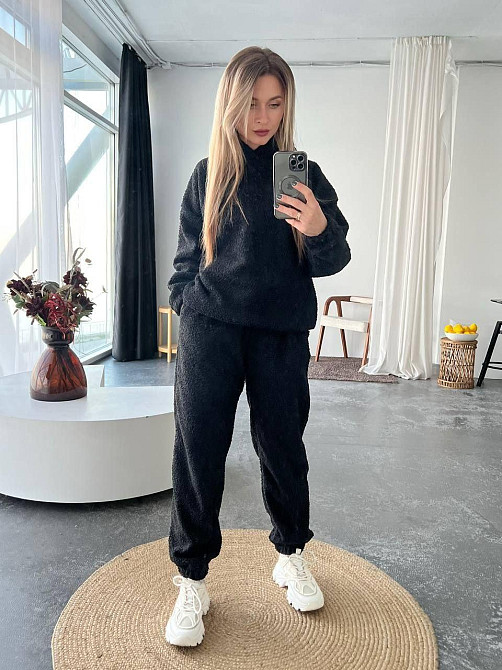 Женский теплый уютный костюм двойка: кофта и штаны барашек на флисе Черный, 46/48 Одесса - изображение 1
