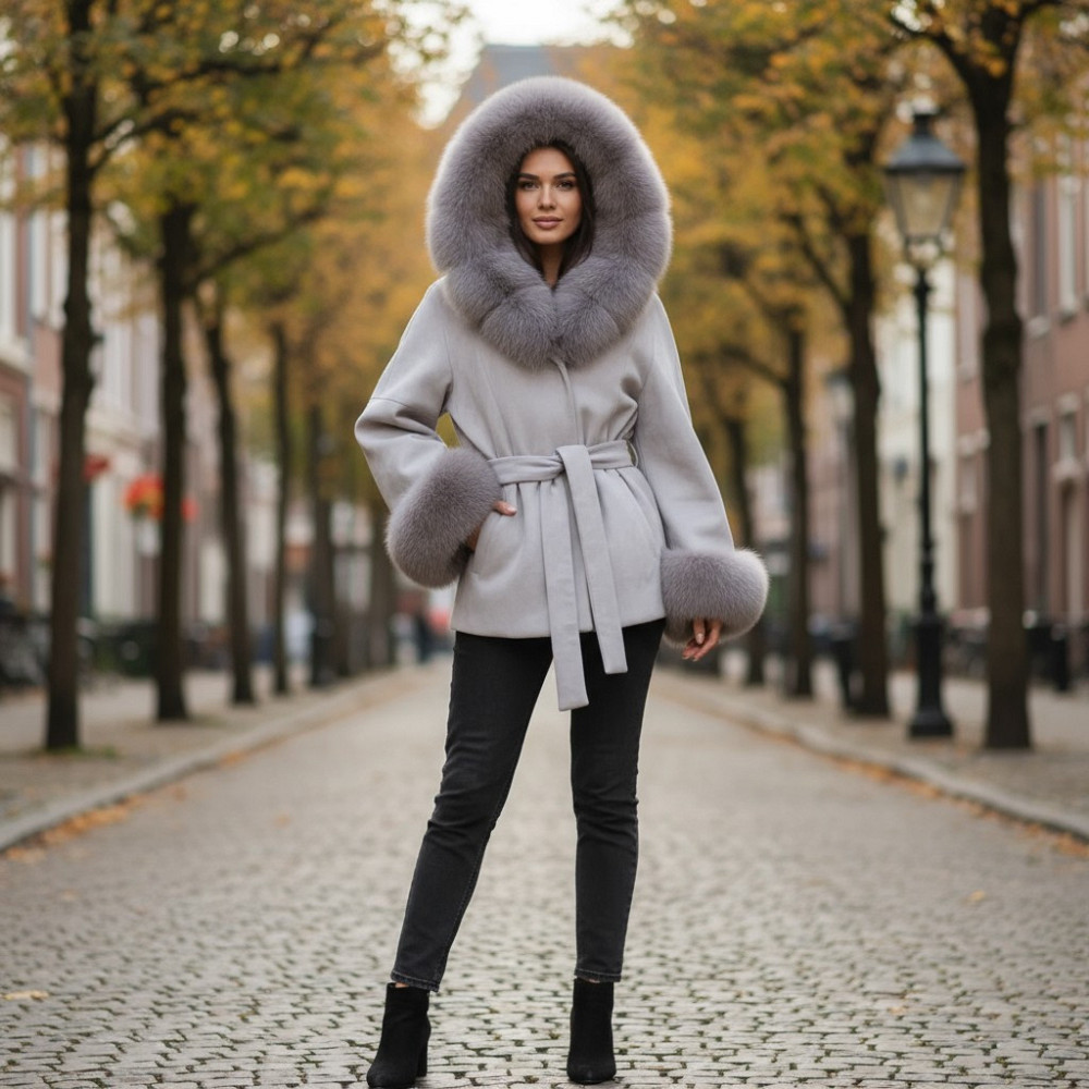 Пончо пальто жіноче з хутром капюшон і манжети Мокко Харків - фото 1