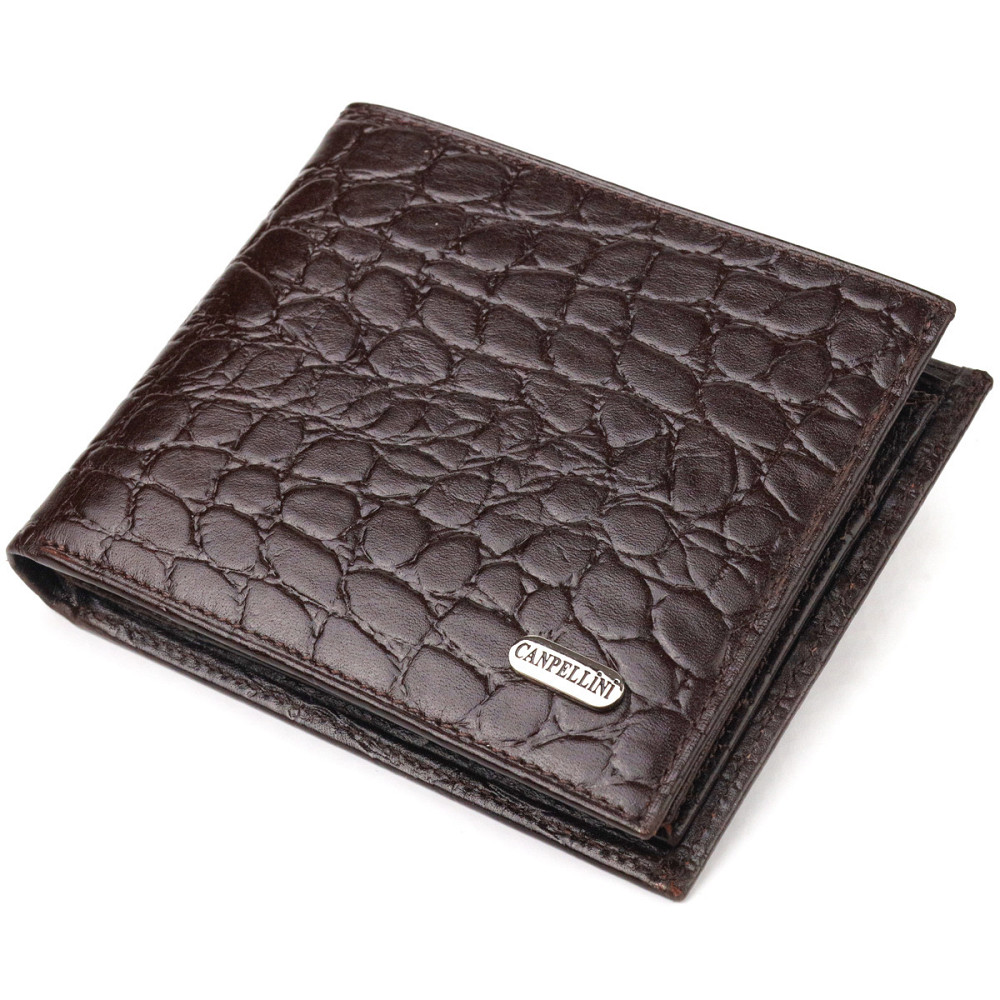 Цікавий гаманець для чоловіків у два складення з натуральної фактурної шкіри з тисненням під крокодила CANPELLINI 21583 Коричневий Київ - фото 1