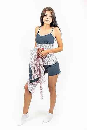 Спальный женский комплект пижама+халат, розовый , топ Крохатушка одяг Киев