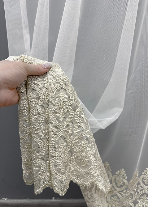 Тюль VR-Textil 1633т Грек-сітка з вишивкою та люрексом колір Молочний з бежевим 300х270 см (42-0594) Київ - фото 4