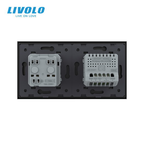 LIVOLO Сенсорний прохідний/перехресний вимикач 2 сенсора 1 розетка LIVOLO чорний матове скло Коломия