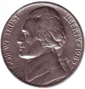 Джефферсон. Монтічелло. Монета 5 центів. 1985 рік (P), США. (Д) Полтава