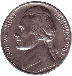 Джефферсон. Монтічелло. Монета 5 центів. 1985 рік (P), США. (Д) Полтава - фото 1