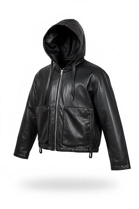 Куртка жіноча Ou Mai JY-08 з екошкіри з капюшоном оверсайз чорна, чорний, L Київ - фото 12